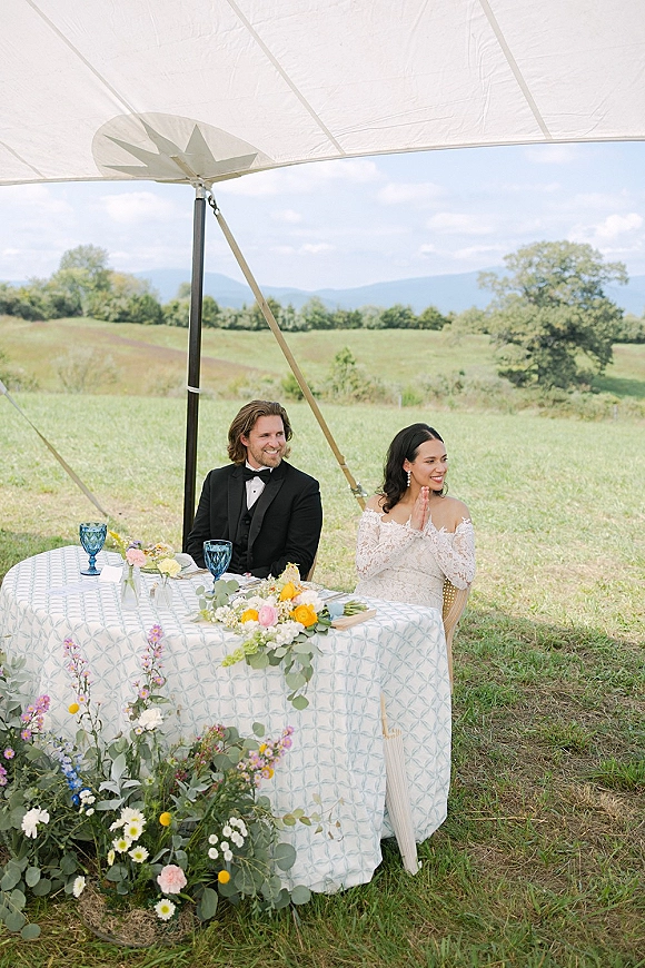 Newlywed table portrait of bride clapping in lace dress as groom in tuxedo looks on under umbrella canopy in a meadow setting