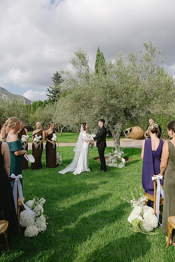 Wedding vows during an outdoor wedding ceremony as bride and groom hold hands beneath an olive tree, long veil flowing against mountains