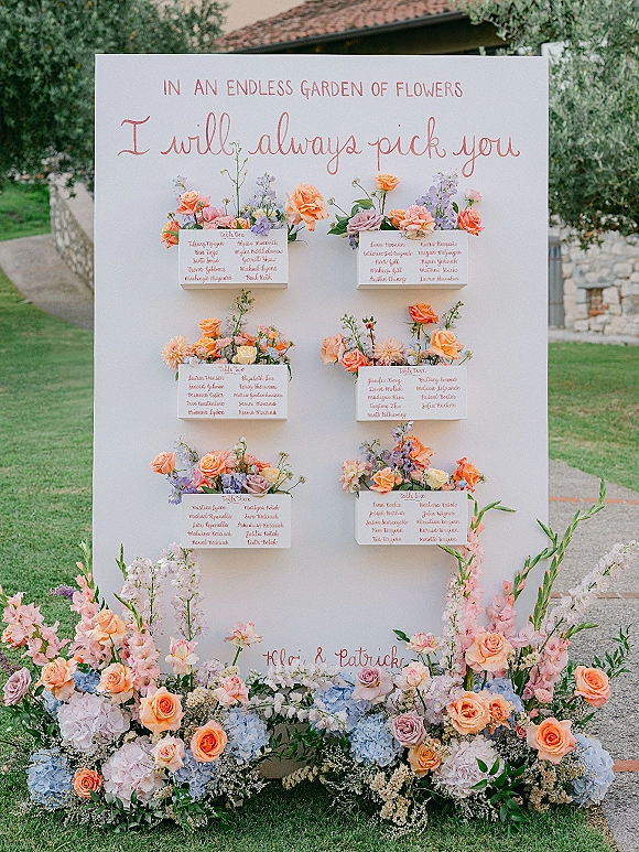 Wedding seating chart escort card display with a calligraphy sign framed by roses, hydrangeas, and greenery on a garden lawn by stone building