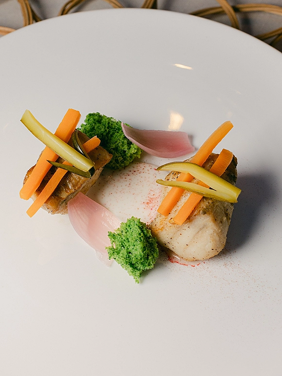 Wedding plated dinner featuring seared fish with vegetable batons, green puree, pickled onion accent, and sauce on a white plate