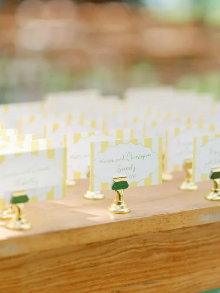 Wedding place cards clipped in gold holders on a wooden board, handwritten name cards with blurred greenery and brick wall behind