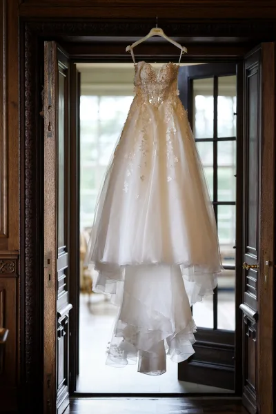Wedding dress, a strapless bridal gown with lace appliqué, framed by wood paneling and glass doors and windows.