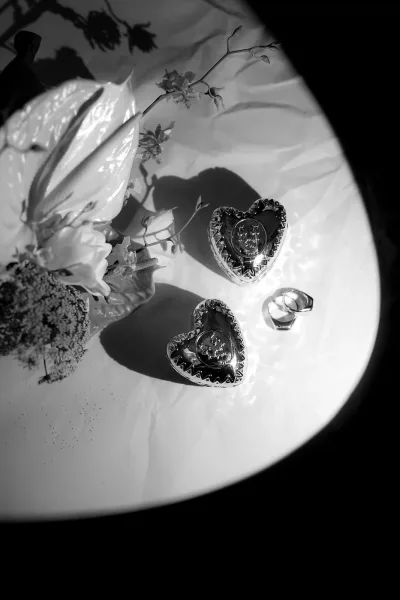 Wedding rings displayed in heart-shaped ring boxes with floral stems and leaves on white fabric, with soft shadows for detail