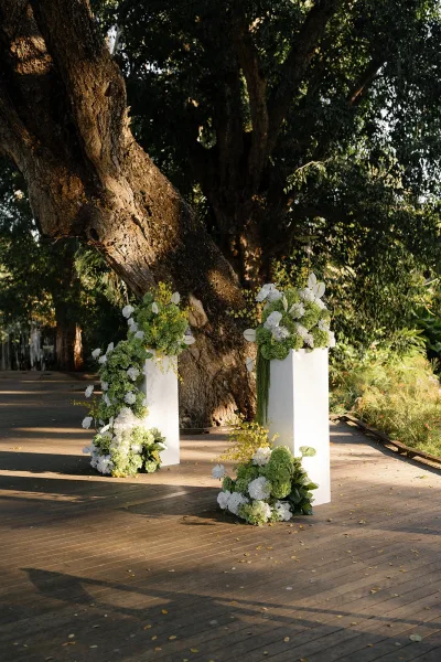 Wedding ceremony backdrop with white pedestal plinths, hydrangeas and greenery, set on a wooden deck beneath a large garden tree