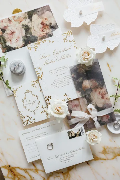 Invitation suite wedding invitation flat lay with envelopes, RSVP card, wax seal, silk ribbon, rings, and white roses on marble surface