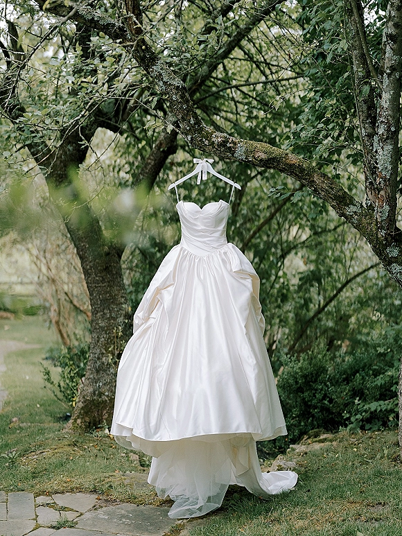 Wedding dress, a strapless satin gown with sweetheart neckline and full skirt, hangs from a ribbon bow on tree branches in a garden