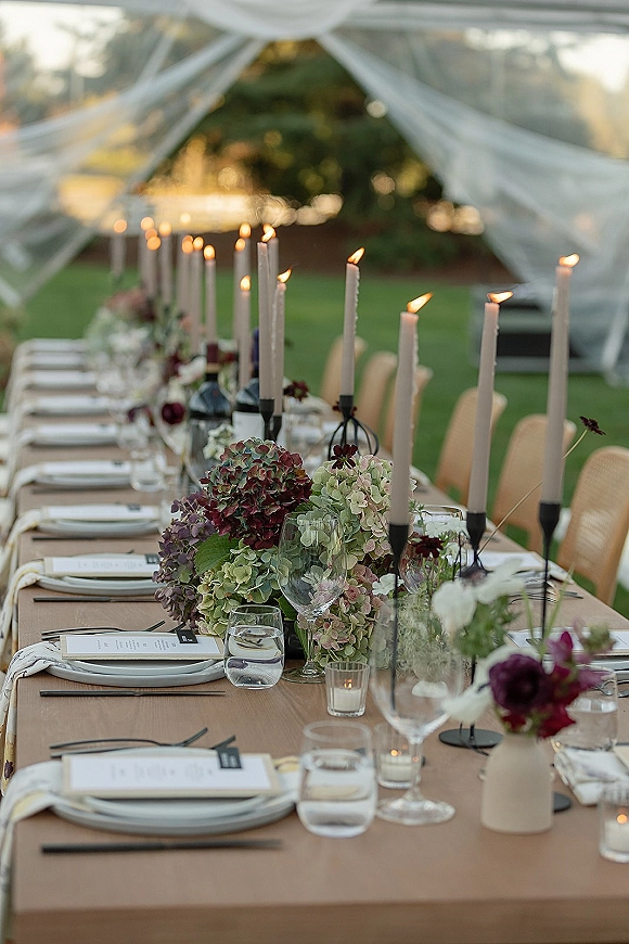 Reception tablescape with hydrangea centerpieces and taper candles in black holders on a long banquet table beneath a draped canopy on lawn