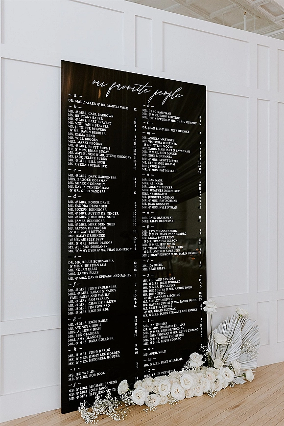 Seating chart sign on black acrylic with white calligraphy, framed by white roses and baby's breath, leaning against a paneled wall