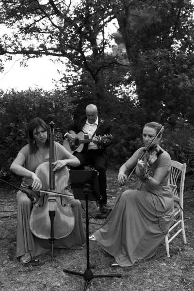 Wedding musicians performing live ceremony music, a trio with a cello at the forefront, seated on a garden lawn beneath leafy trees.
