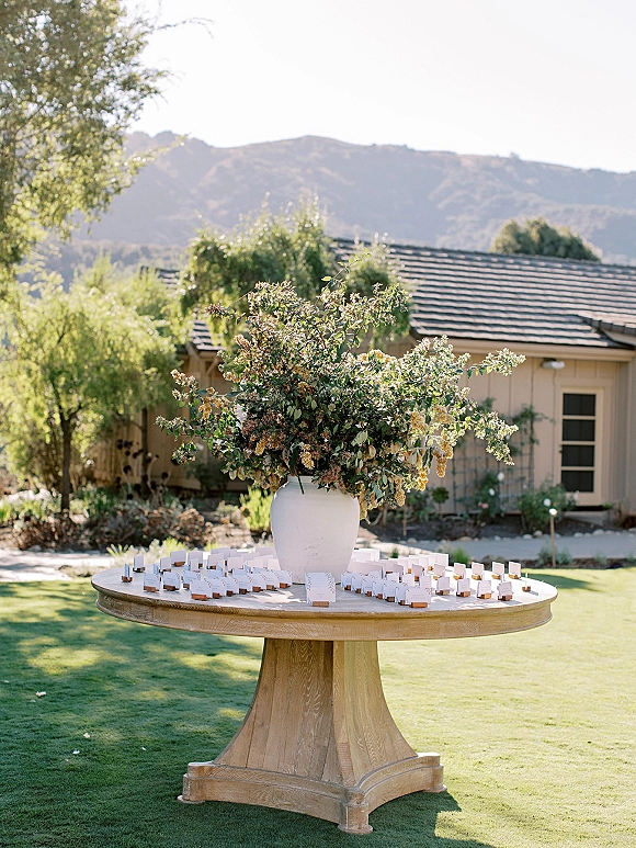 Escort card display with wedding escort cards on a round wood table, topped with a white vase floral and greenery centerpiece on a lawn with mountains