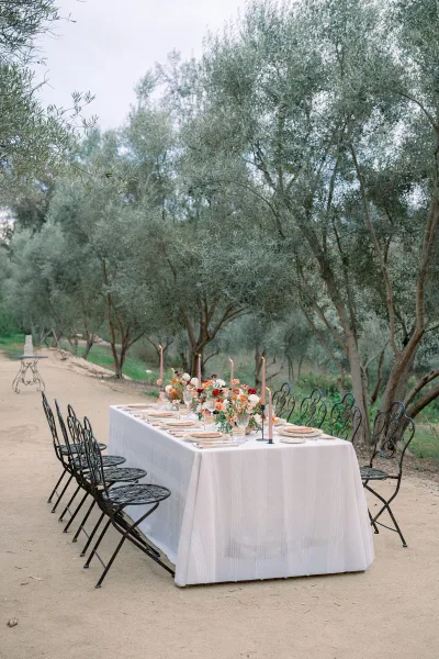 Reception tablescape with a long banquet table setup on white tablecloth, mixed floral centerpieces, taper candles and glass votives in an olive grove