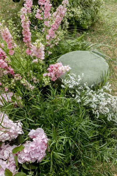 Ground floral installation evoking a floral meadow installation, with lush pink flowers forming a low, natural hedge across a grass lawn.