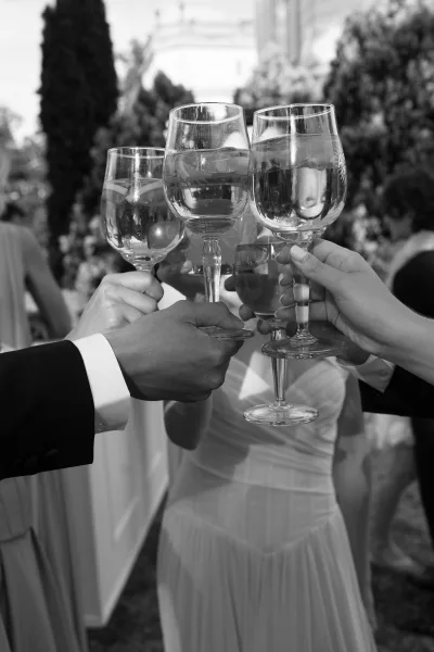 Wedding toast with clinking wine glasses as guests cheer on an outdoor lawn beneath garden trees, with a building facade behind.