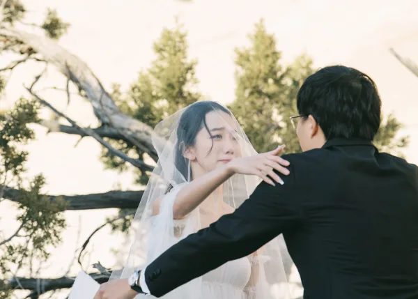 First look moment as bride in veil reaches to hug groom in black suit, outdoors among trees and sky with a fallen trunk behind