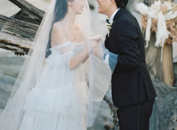 Wedding couple portrait with bride and groom holding hands under a flowing veil on a sandy beach with driftwood logs and coastline behind