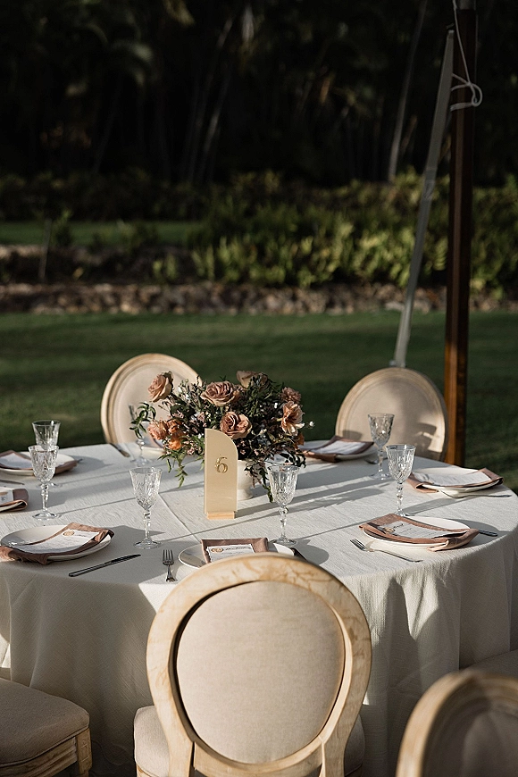 Reception tablescape with an outdoor reception table, white linen, blush rose and greenery centerpiece, arched number card, place settings on a garden lawn under a tent pole