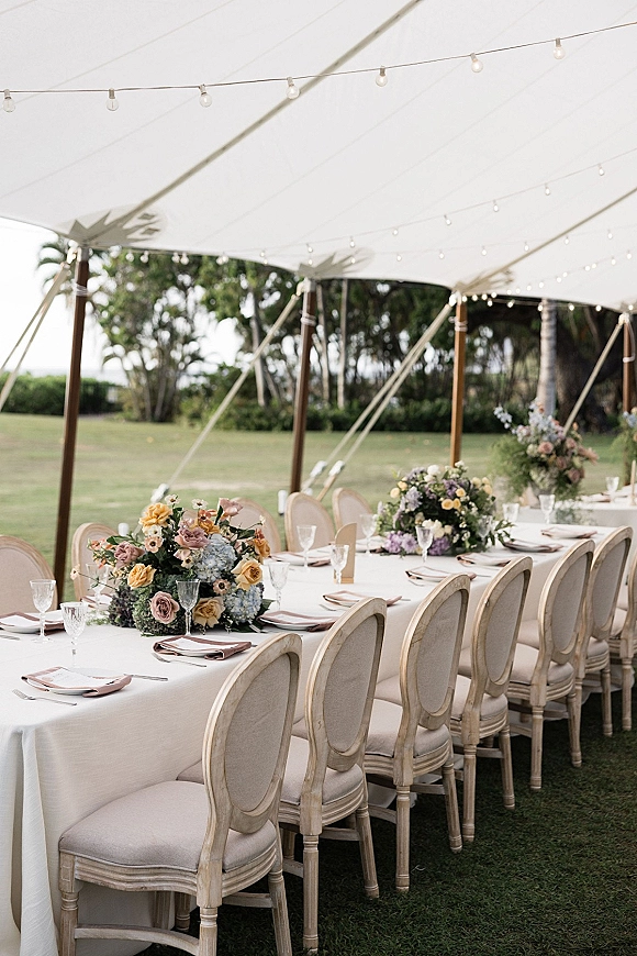 Reception tablescape with long wedding banquet table under a sailcloth tent, pastel rose and hydrangea centerpieces, and string lights on lawn
