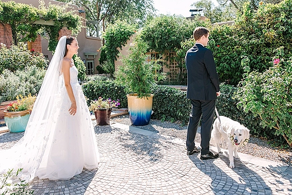 First look moment as bride approaches groom from behind in a garden courtyard, cathedral veil flowing, groom in tux holding dog leash