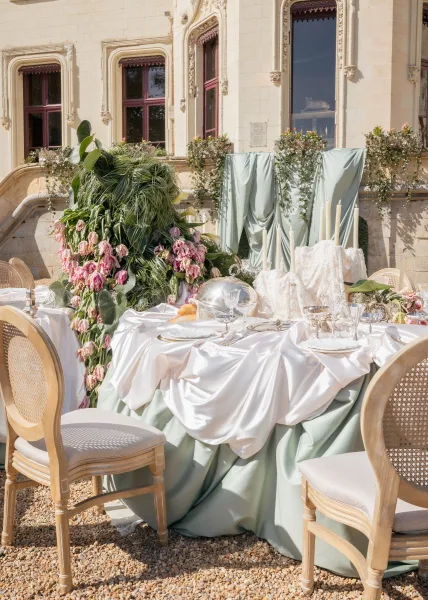 Reception tablescape for a chateau wedding table with taper candles, set in a gravel courtyard against a stone facade and arched windows.
