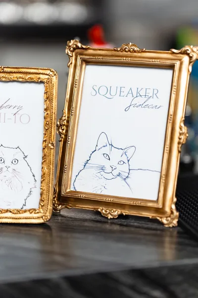 Wedding bar signage in ornate gold frames with printed drink cards and a cat illustration, displayed on a bar counter with blurred equipment behind