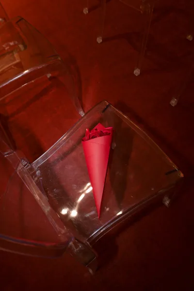 Wedding confetti cones filled with rose petals tied to clear acrylic chairs along a red carpet ceremony seating aisle for petal toss exit