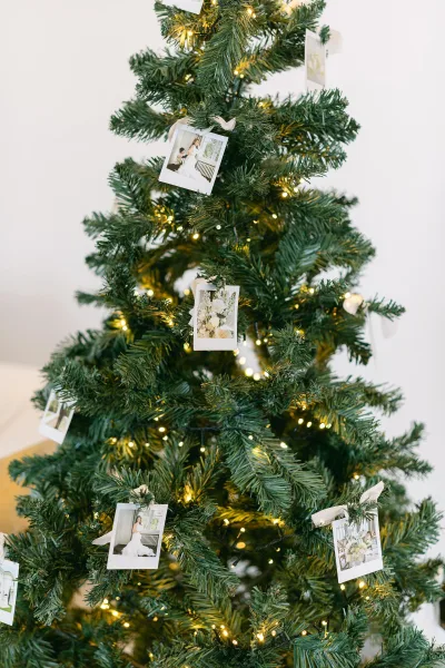 Photo display tree with wedding photo ornament ideas, instant photos and ribbon on evergreen branches, lit with string lights against a white wall