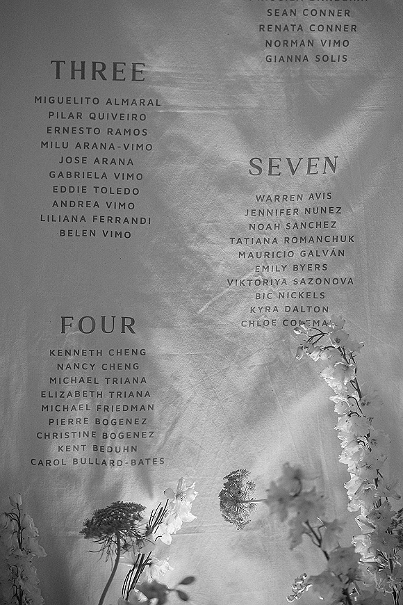 Seating chart wedding seating chart sign with serif printed guest list and blossoms, displayed against a softly draped fabric backdrop