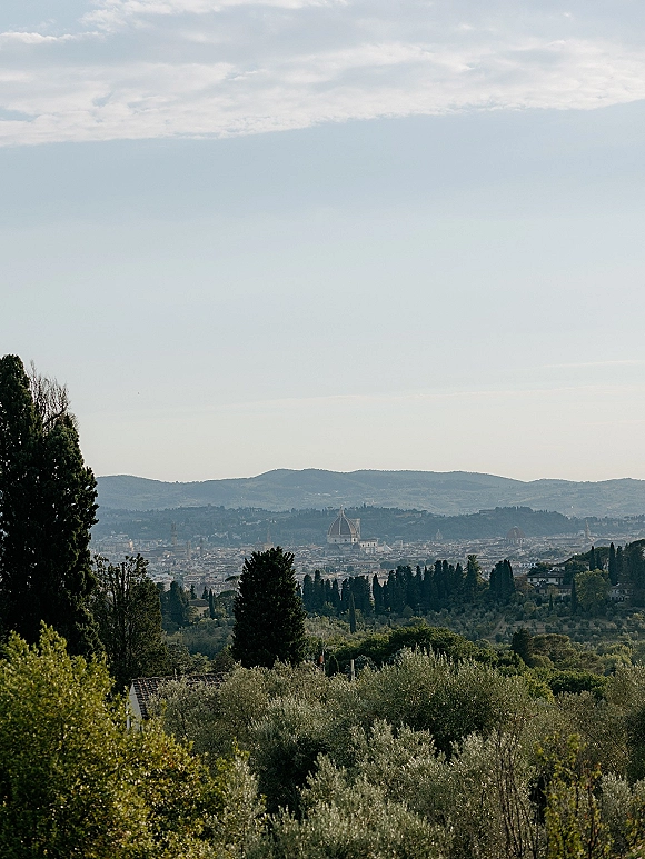 City landscape panoramic city view from a hillside overlook, with rolling green hills and trees framing a skyline and cathedral dome under clouds