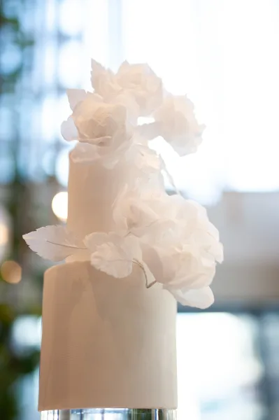 Wedding cake with fondant icing, a smooth white two-tier design topped with white sugar flowers in bright window light and bokeh indoors