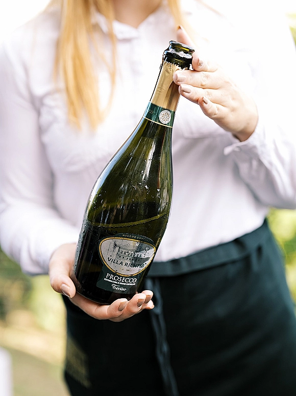 Champagne bottle held by a bartender in a white shirt and black apron, prosecco bottle close up with foil neck wrap and cork, greenery behind