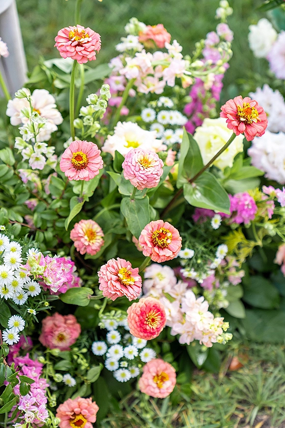 Wedding florals arranged as ceremony ground flowers in a low meadow cluster with pink zinnias on a grass lawn amid garden greenery