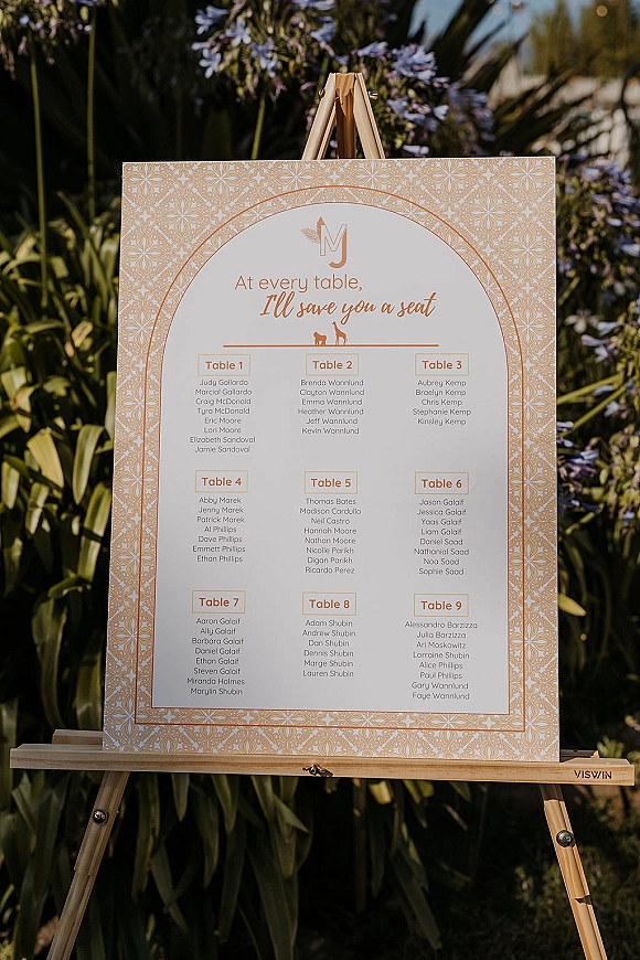 Wedding seating chart sign on a wooden easel with monogram initials and patterned border, set against outdoor greenery and flowers