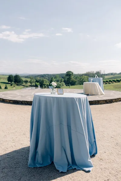 Cocktail table decor on a light blue cocktail table, featuring a single bud vase, set on a stone patio with rolling hills beyond.