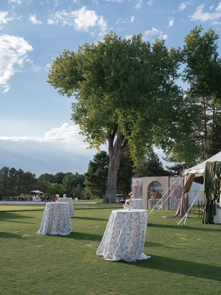 Outdoor cocktail hour with wedding cocktail tables in blue patterned linens, small floral bud vases, and tent draping on a grassy lawn under a tree