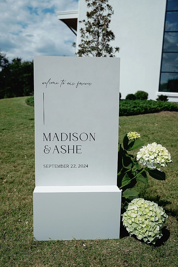 Wedding welcome sign on a white freestanding pedestal with hydrangeas and greenery on a lawn outside a modern building under clouds