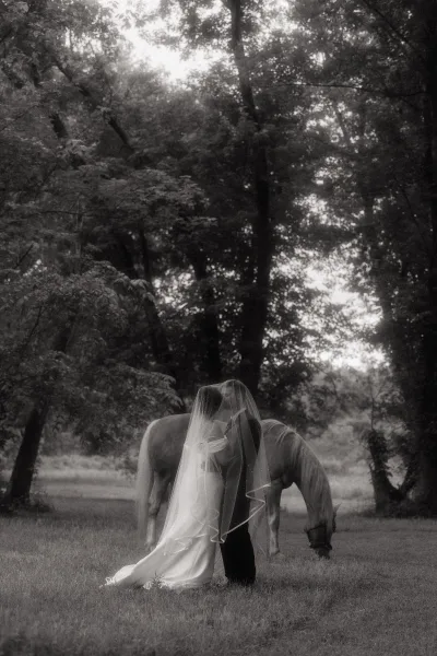 Bridal portrait of a bride with horse, her long wedding veil and dress train flowing as the horse grazes in a forest field