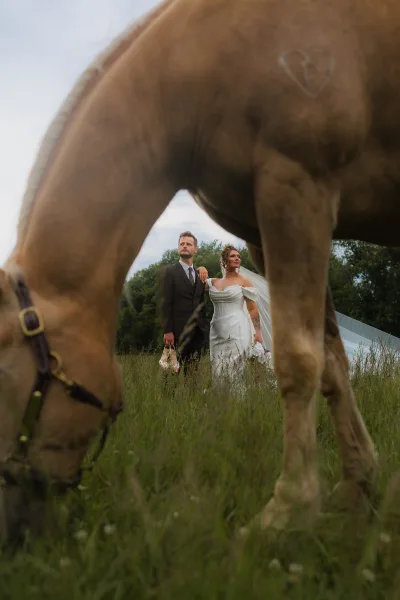 Couple portrait of bride and groom with horse, her veil blowing as she holds a white bouquet in a cloudy meadow near a tent