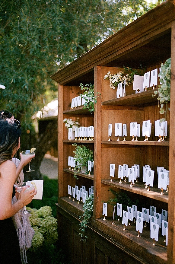 Wedding escort cards on a wood escort card display with brass holders, greenery garland, and cocktails with lemon garnish in a sunny garden