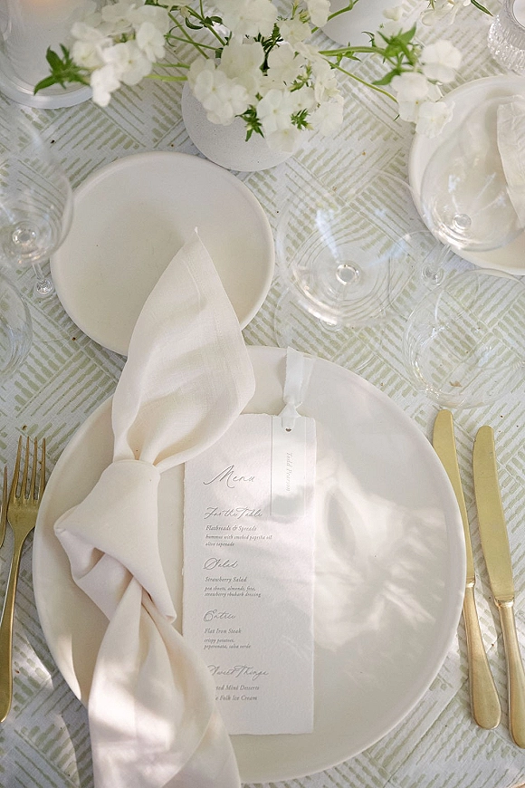 Reception tablescape with wedding place setting, white plate and menu card, linen napkin, clear wine glasses, gold flatware, white floral centerpiece