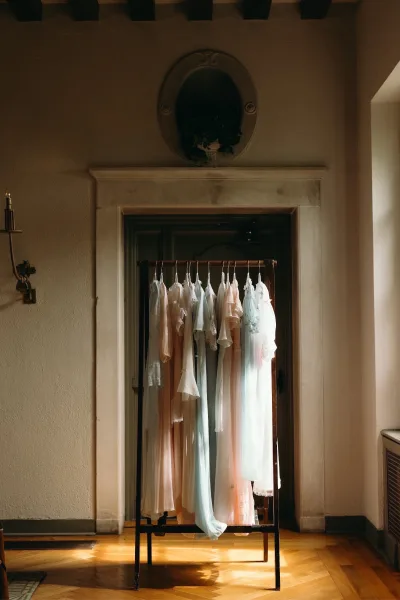 Bridal robes in soft pastels hang on a clothing rack with lace trim, set in a bright bridal suite with plaster walls and wood floor