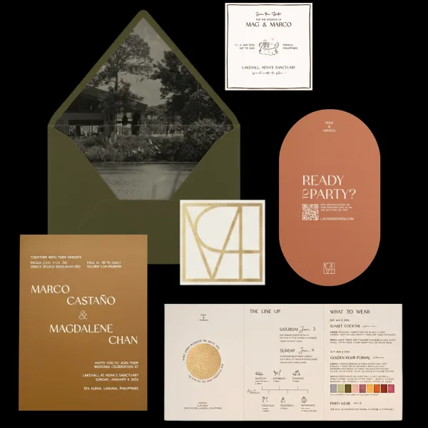 Wedding invitation suite with an olive green envelope and coordinating neutral-toned cards, styled cleanly against a deep black backdrop.