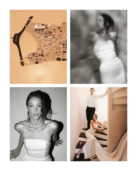 Bridal portrait in black and white of bride in a strapless wedding dress on a staircase, with groom in white jacket and boutonniere behind