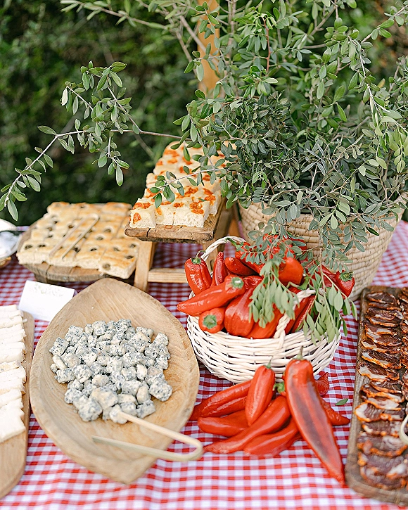 Wedding appetizer table with cheese, crackers, bread and red peppers on wood boards and wicker baskets over a red gingham cloth outdoors