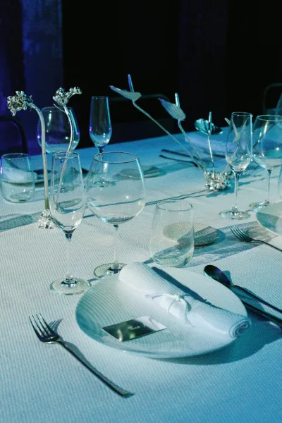 Reception tablescape with white wedding table setting on textured linen, silver flatware, place cards, and bud vases against dark drapes