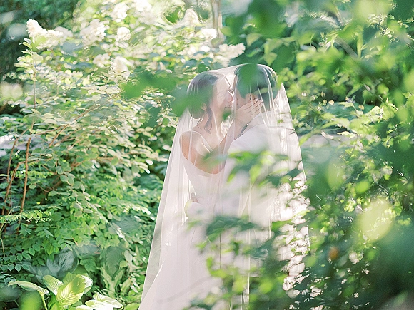 Wedding kiss portrait of bride and groom kissing under a long veil, bride holding his face, in sunlit garden greenery with white flowers