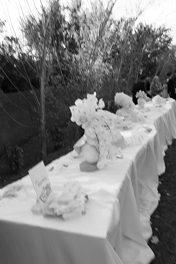 Reception tablescape with white tablecloths, ceramic vase floral centerpieces and place cards on a long table set on an outdoor lawn beneath garden trees