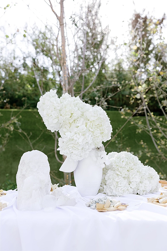 Wedding tablescape with a white hydrangea centerpiece in a white vase on a white tablecloth, set on a garden lawn under string lights