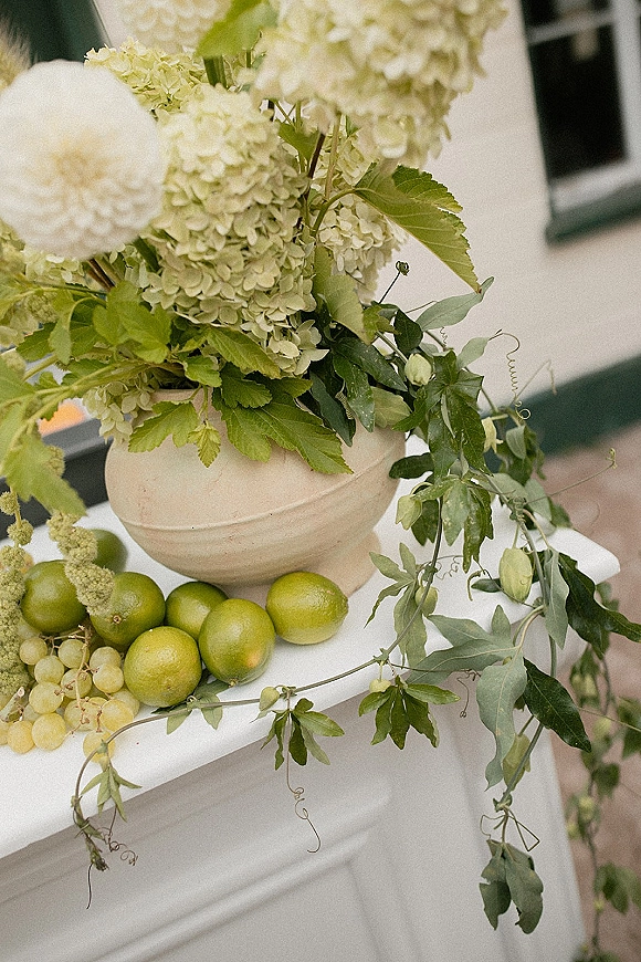Wedding floral arrangement of white hydrangeas in a ceramic urn with trailing greenery, limes and grapes on a white pedestal by a window