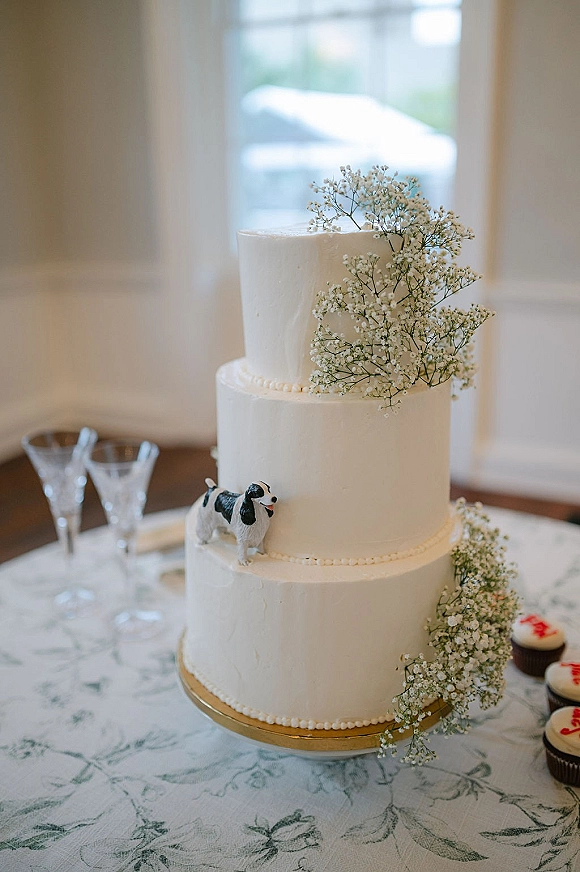 Wedding cake with white buttercream frosting, baby's breath accents and dog topper on a green toile tablecloth by window light