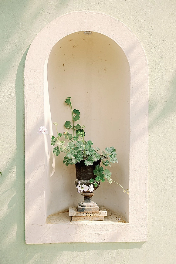 Potted plant decor in an urn planter on a stone pedestal, with vine greenery and small pink flowers set in an arched stucco wall niche
